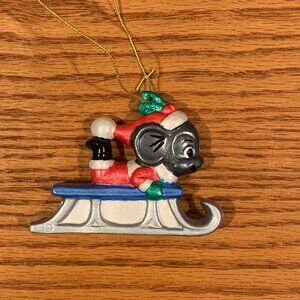 VINTAGE HANDMADE CERAMIC CHRISTMAS ORNAMENT, MOUSE ON A SLED